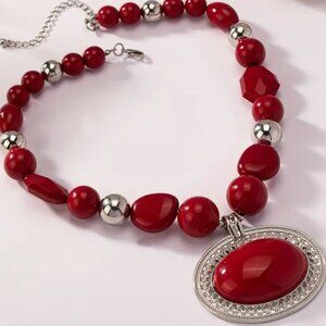 Vintage Bohemian Southwest Style Red & Silver Beads - Silver Pendant Necklace